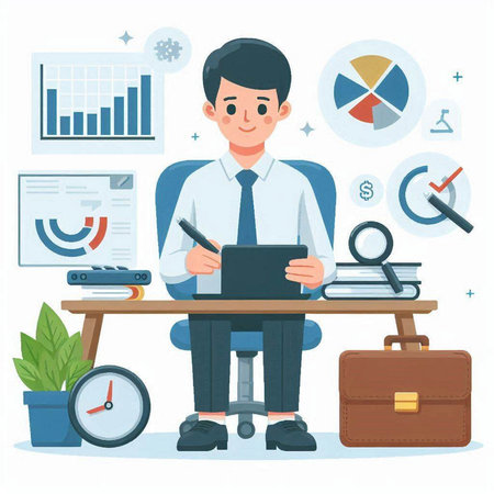 Businessman working at office. Vector illustration in flat cartoon style.のイラスト素材