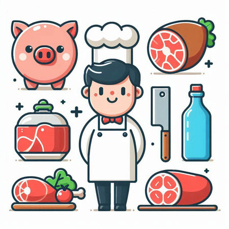 Cute cartoon chef character with different types of meat products. Vector illustration.のイラスト素材
