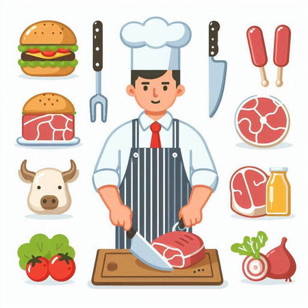 Chef cook vector illustration set. Cartoon chef in apron, hat and apron cooking hamburger, beef steak, vegetables, meat, ice cream, meatballs, tomatoes, onions, pepper.のイラスト素材