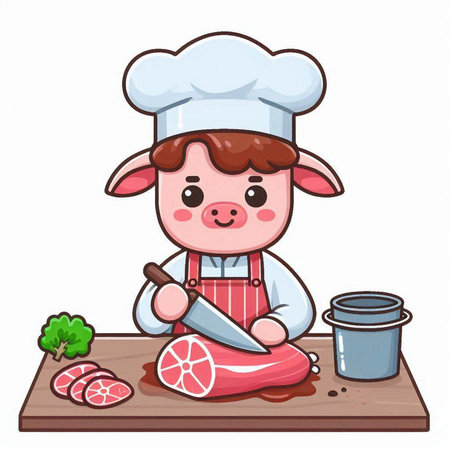 Cute cartoon cow chef cooking meat on cutting board. Vector illustration.のイラスト素材