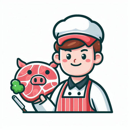 Cute cartoon butcher with meat and vegetables. Vector illustration isolated on white background.のイラスト素材