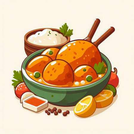 Illustration of chicken drumstick in bowl with sauce and ingredients.のイラスト素材