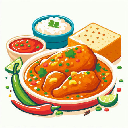 Illustration of chicken in tomato sauce with sour cream and lime.のイラスト素材