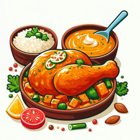 Illustration of a roasted chicken with rice and vegetables in a bowlのイラスト素材