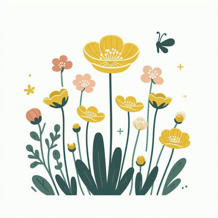 Flowers and butterflies on white background. Hand drawn vector illustration.のイラスト素材