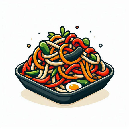 Soba noodles with vegetables and egg. Hand drawn vector illustration.のイラスト素材