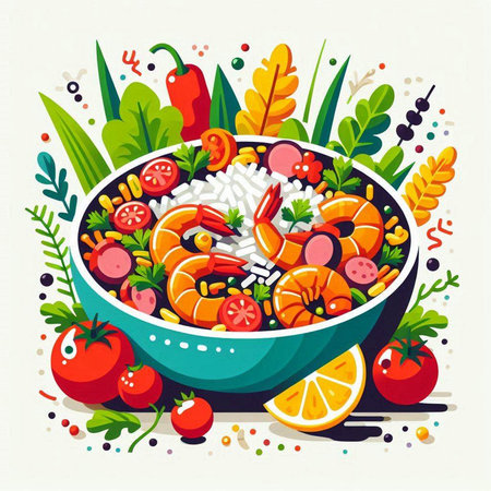 Vector illustration of a bowl of rice with shrimps and vegetablesのイラスト素材