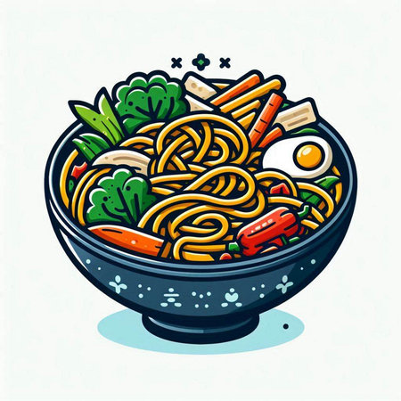 Illustration of a bowl of noodle with vegetables and egg.のイラスト素材