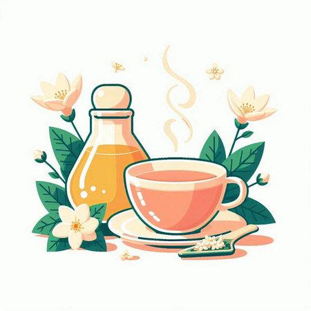Cup of tea with jasmine flowers. Vector illustration.のイラスト素材