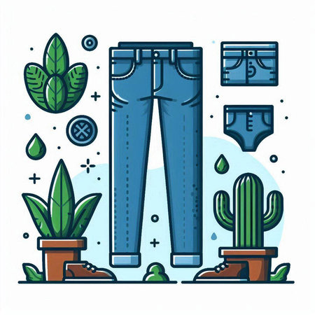 Jeans and cactuses. Trendy flat vector illustration.のイラスト素材