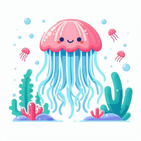 Cute cartoon jellyfish in the sea, underwater life. Vector illustrationのイラスト素材