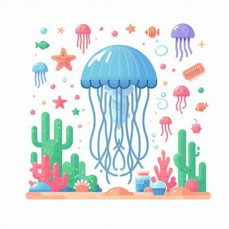 Jellyfish and marine life. Vector illustration in flat style.のイラスト素材