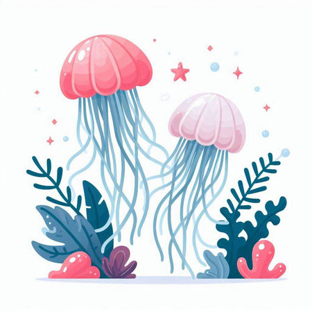 Jellyfish and seaweed. Underwater world. Vector illustrationのイラスト素材