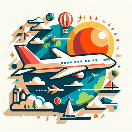 Airplane flying around the planet. Vector illustration in flat style.のイラスト素材