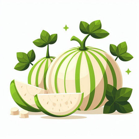 Melon with green leaves isolated on white background. Vector illustration.のイラスト素材