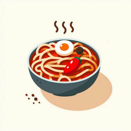 Cartoon illustration of a bowl of spaghetti with tomato and pepper.のイラスト素材