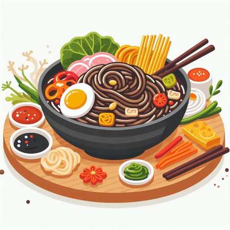 Noodles in a bowl with chopsticks. Vector illustration.のイラスト素材