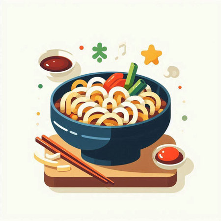 Japanese ramen noodle in a bowl with chopsticks. Vector illustration.のイラスト素材