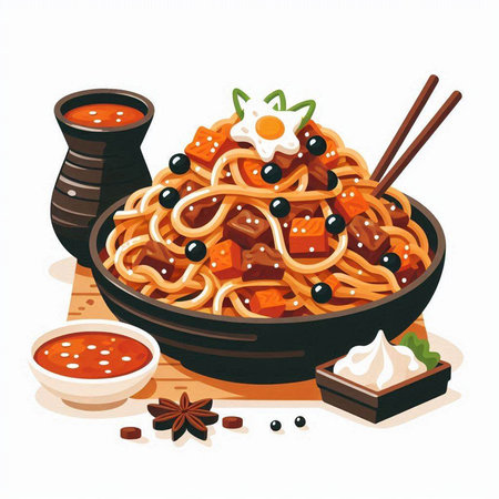 Soba noodles in bowl with chopsticks and soy sauce, vector illustrationのイラスト素材