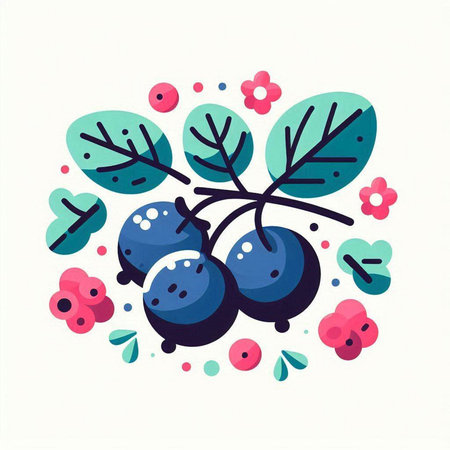 Vector illustration of a blueberry with leaves, flowers and berries.のイラスト素材