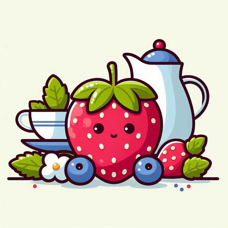 Strawberry cartoon with tea cup and teapot vector illustrationのイラスト素材