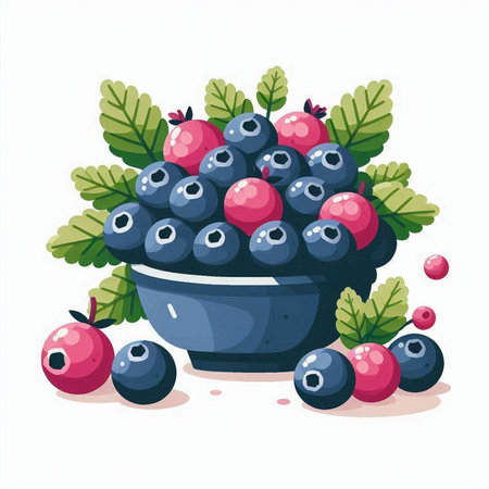 Bowl of fresh blueberries and cranberries. Vector illustration.のイラスト素材