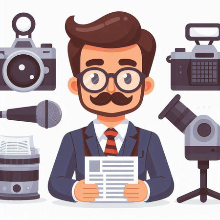Journalist with camera and news paper. Vector illustration in cartoon styleのイラスト素材
