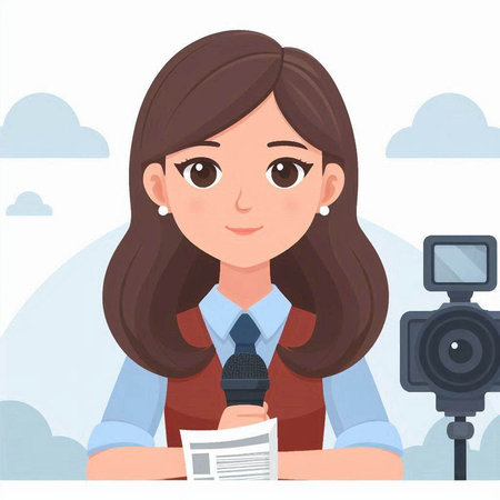 Female journalist with microphone and camera. Vector illustration in cartoon style.のイラスト素材