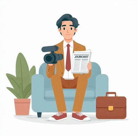 Businessman sitting on sofa and reading newspaper. Vector illustration in flat styleのイラスト素材