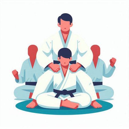 Karate training vector illustration. Man in kimono sitting on mat with his son.のイラスト素材