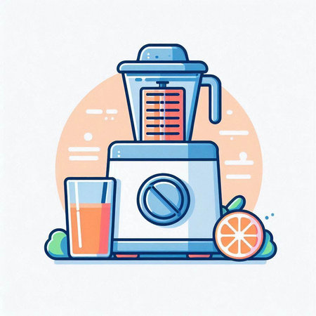 Juicer and glass of juice. Vector illustration in flat style.のイラスト素材