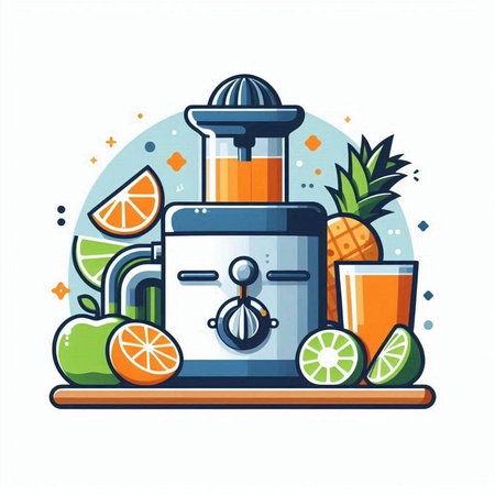 Vector illustration of a juicer with fruits and juice in flat style.のイラスト素材