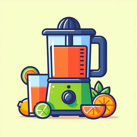 Juicer with juice, orange and lime. Vector illustration in flat styleのイラスト素材