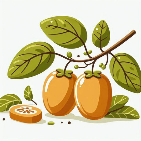 Persimmon fruit with leaves isolated on white background. Vector illustration.のイラスト素材