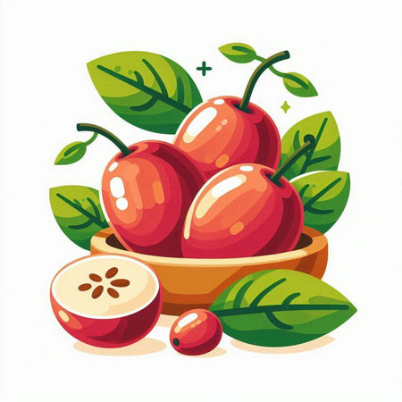 Ripe red jujube fruits in a wooden bowl. Vector illustration.のイラスト素材