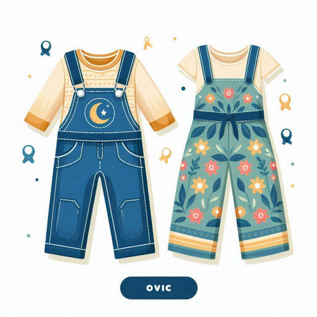 Baby clothes for boy and girl. Denim overalls. Vector illustration.のイラスト素材