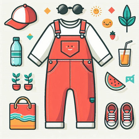 Clothes and accessories for children. Vector illustration in flat style.のイラスト素材