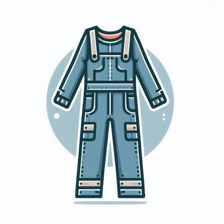 Vector illustration of work overalls on a white background with a blue circle.のイラスト素材