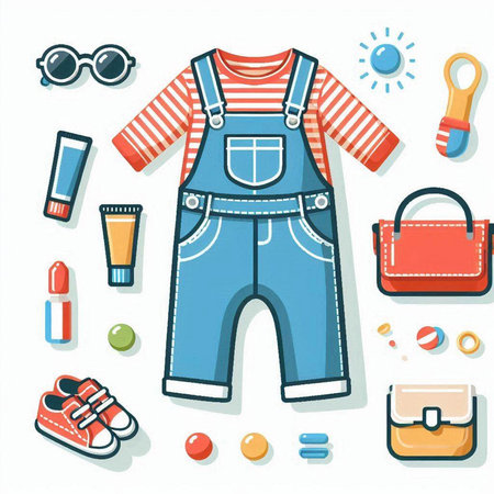 Clothes and accessories for children. Vector illustration in flat style.のイラスト素材