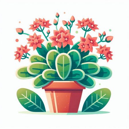 Flowerpot with green leaves and red flowers. Flat vector illustration.のイラスト素材