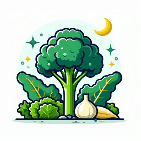 Illustration of a broccoli with a garlic and a crescent moonのイラスト素材