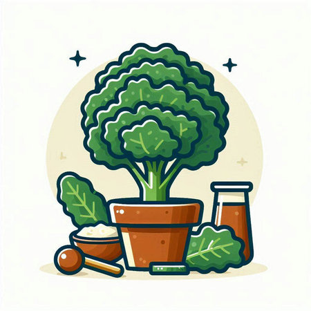 Vector illustration of broccoli in a pot and ingredients for cooking. Flat style.のイラスト素材