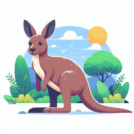 Kangaroo on the background of the landscape. Vector illustration.のイラスト素材