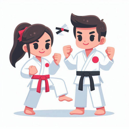 Karate boy and girl vector illustration. Cartoon karate boy and girl training.のイラスト素材