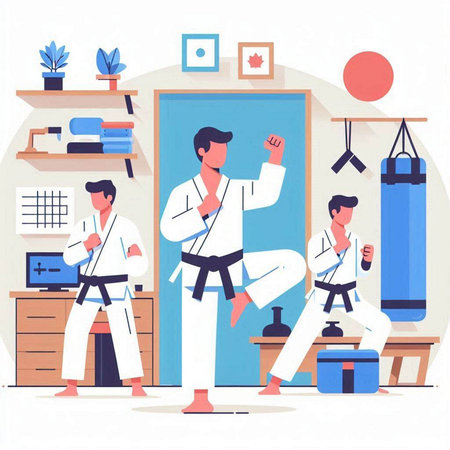 Tae Kwon Do or Karate Training at Home. Vector Illustrationのイラスト素材