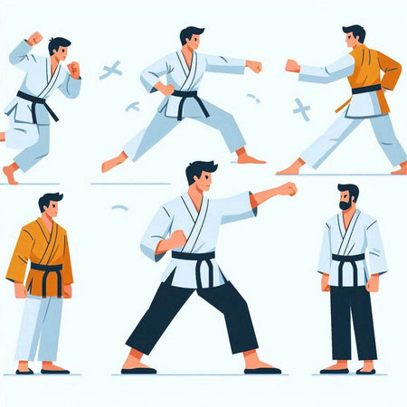 Taekwondo or karate vector illustration set. Karate man in kimono training.のイラスト素材