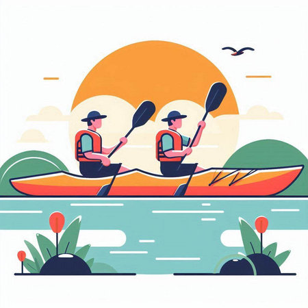 Man and woman kayaking on the river. Flat style vector illustration.のイラスト素材