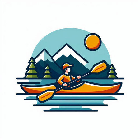 Kayaking in the Rocky Mountains. Vector illustration in flat style.のイラスト素材