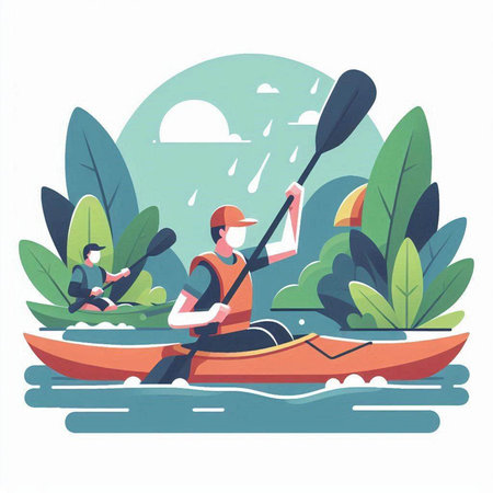 Kayaking on the river. Vector illustration in a flat style.のイラスト素材