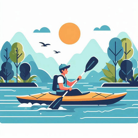 Man in a kayak on the river. Vector illustration in flat styleのイラスト素材